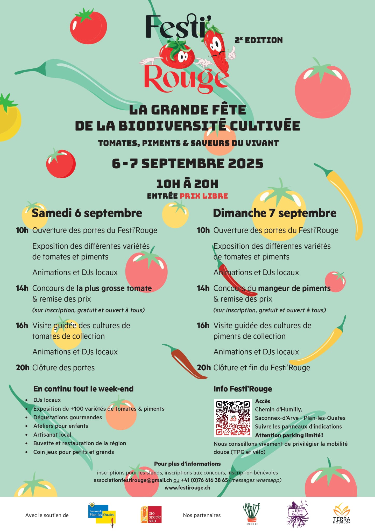 Bonjour et merci de votre intérêt 🌶🍅 On se réjouit de vous accueillir au Festi’Rouge et de partager avec vous notre passion des tomates et des piments ! 📍 Voici le point GPS exact : 👉 Lien Google Maps https://maps.app.goo.gl/RvaXjwvzsf6zkXMz9 🚩 Des panneaux d’indication seront installés tout le long de la route d’Humilly. 🌱 Nous vous conseillons de privilégier la mobilité douce, car les places de parking sont très limitées. À bientôt au Festi’Rouge ! 🎉